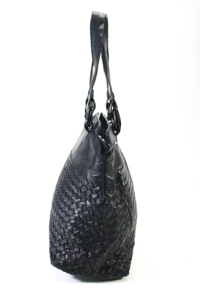 Bottega Veneta Womens Double Pocket Front Intrecciato Tote Handbag Black Leather