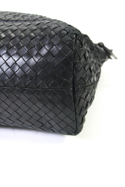 Bottega Veneta Womens Double Pocket Front Intrecciato Tote Handbag Black Leather