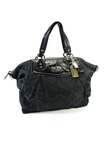 Coach Womens Black Canvas Printed Zip Leather Trim Top Handle Shoulder Handbag