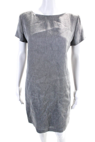 Theory Womens Linen Round Neck Short Sleeve Midi Shift Dress Gray Size M