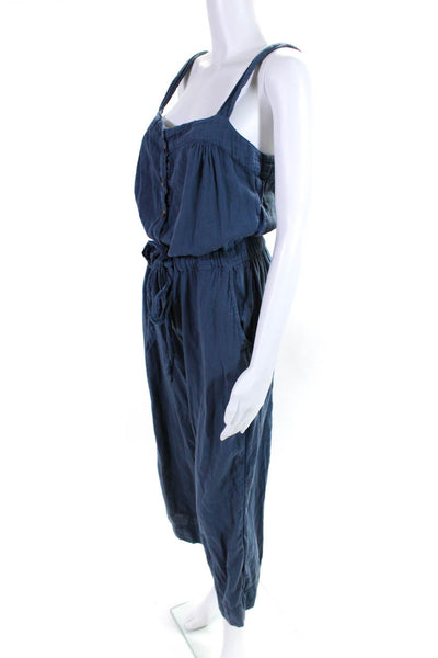 Sundry Womens Buttoned Drawstring Sleeveless Straight Leg Jumpsuit Blue Size 2