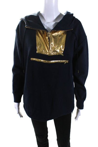 J Crew Womens Cotton Blend Metallic Hooded Half Zip Pullover Jacket Navy Size S