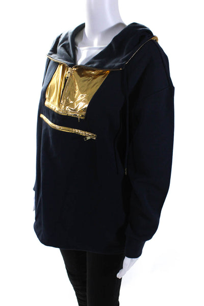 J Crew Womens Cotton Blend Metallic Hooded Half Zip Pullover Jacket Navy Size S