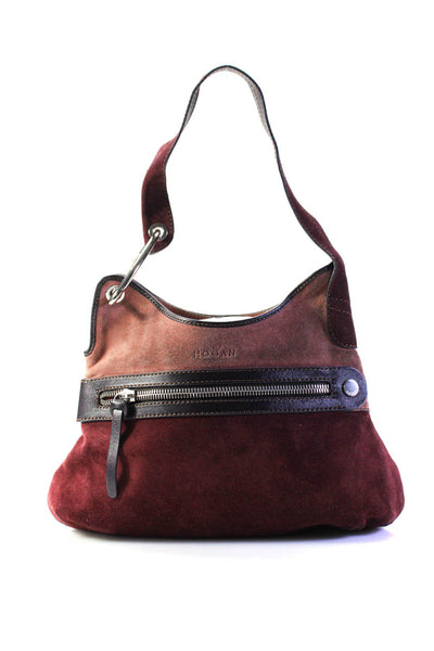 Hogan Womens Suede Two-Toned One Strap Zip Up Shoulder Bag Purse Burgundy