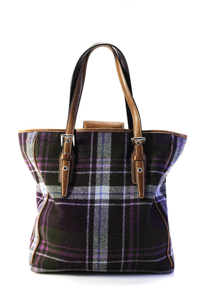 Coach Womens Plaid Leather Trim Adjustable Snap Closure Tote Handbag Purple