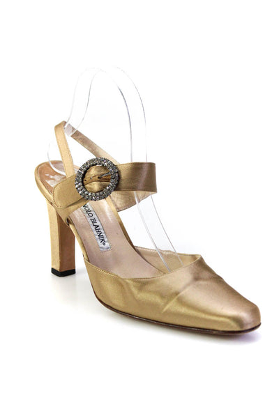 Manolo Blahnik Womens Satin Square Toe Slingback Heels Gold Size 40.5 10.5