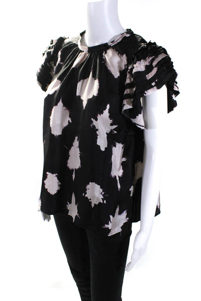 Ulla Johnson Womens Black Silk Printed Ruffle Short Sleeve Blouse Top Size 6