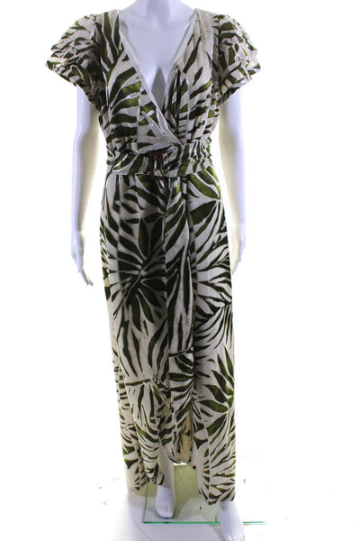 Azulu Womens Abstract Print V-Neck Short Sleeve Maxi Wrap Dress Beige Size 4