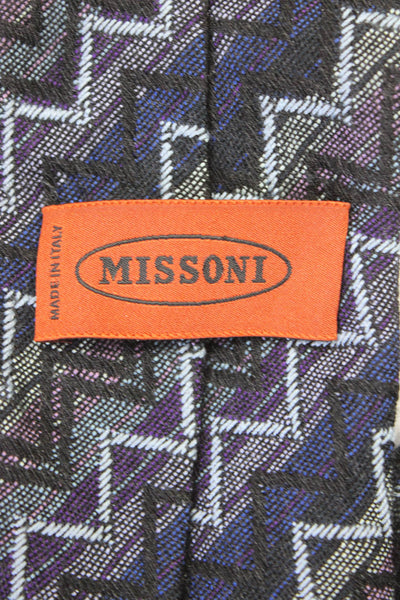 Missoni Orange Label Mens Chevron Striped Necktie Navy Blue Multi Colored Wool