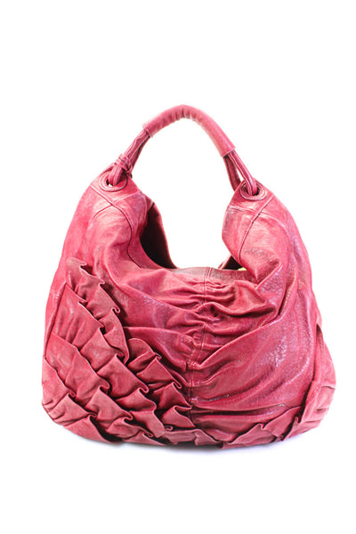 Vince Camuto Grained Leather Ruched Exterior Ruffled Trim Large Hobo Handbag Red