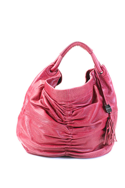 Vince Camuto Grained Leather Ruched Exterior Ruffled Trim Large Hobo Handbag Red