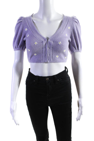 For Love & Lemons Womens Floral Short Puff Sleeved Knit Crop Top Purple Size XXS