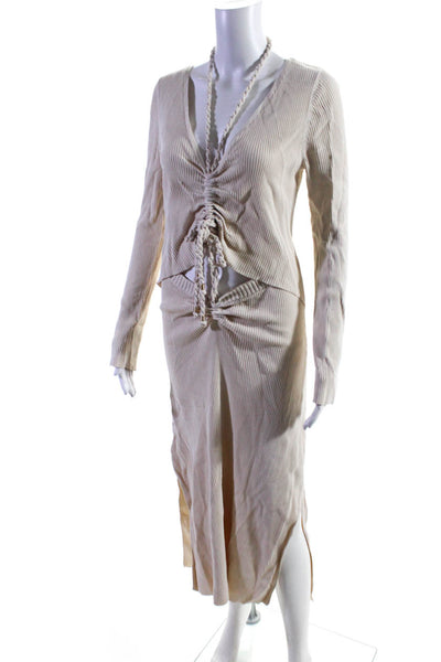 Nicholas Womens V-Neck Long Sleeves Cinch Cut-Out Ribbed Maxi Dress Beige Size L