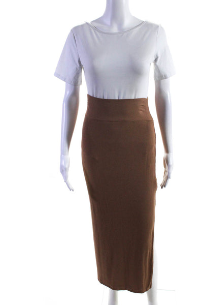 Enza Costa Women's Pull-On Ribbed Unlined Slit Hem Maxi Skirt Brown Size M