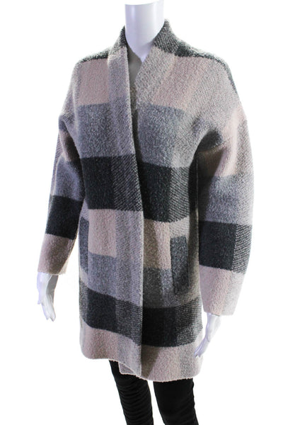 Margaret OLeary Womens Plaid Long Sleeves Sweatercoat Pink Grey Size Extra Small