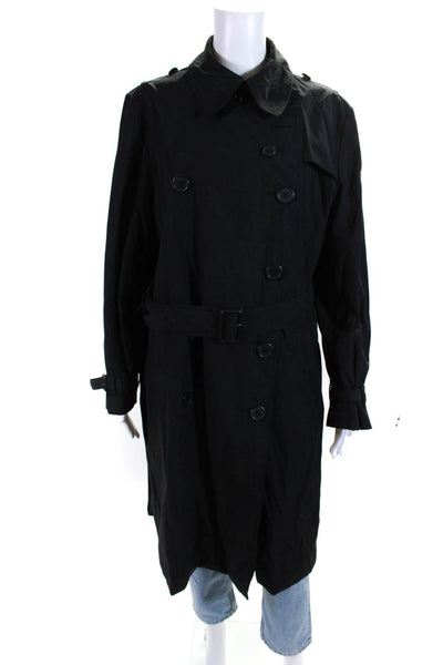 Norma Kamali Womens Cotton Collared Double Breasted Trench Jacket Black Size XL