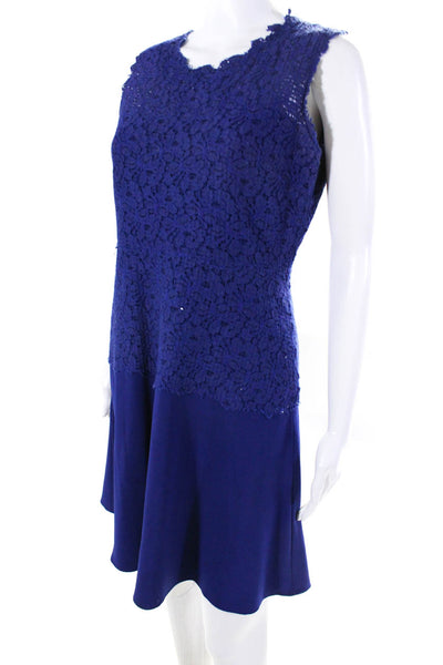 Elie Tahari Womens Back Zip Crew Neck Lace Trim Shift Dress Blue Size 4