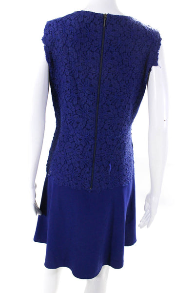 Elie Tahari Womens Back Zip Crew Neck Lace Trim Shift Dress Blue Size 4