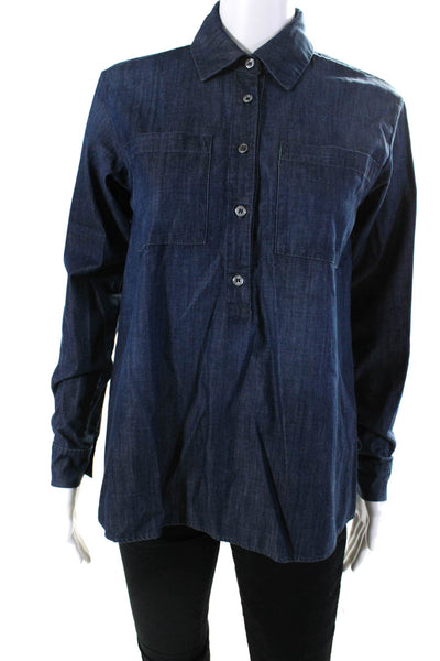Frame Shirt Womens Long Sleeve Half Button Collared Shirt Blue Cotton Size XS