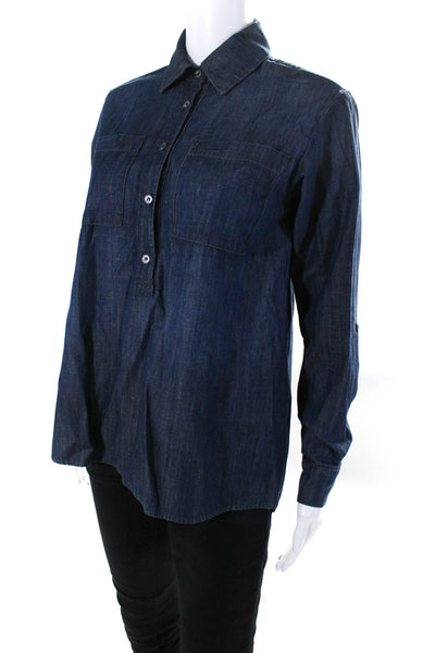 Frame Shirt Womens Long Sleeve Half Button Collared Shirt Blue Cotton Size XS