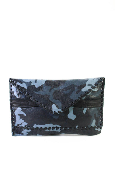 Laggo Womens Leather Camouflage Print Woven Trim Snapped Buttoned Wristlet Blue