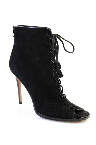 Coach Womens Suede Lace Up Peep Toe Zippered Stiletto Ankle Boots Black Size 9
