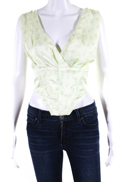 Camila Coelho Womens Floral Satin Corset Crop Top Light Green Pink Size XL