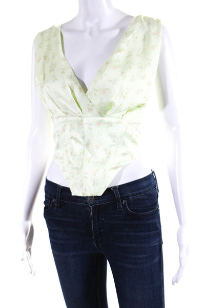 Camila Coelho Womens Floral Satin Corset Crop Top Light Green Pink Size XL