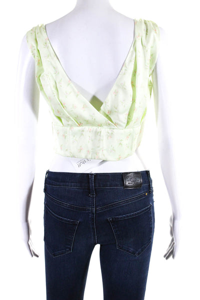 Camila Coelho Womens Floral Satin Corset Crop Top Light Green Pink Size XL