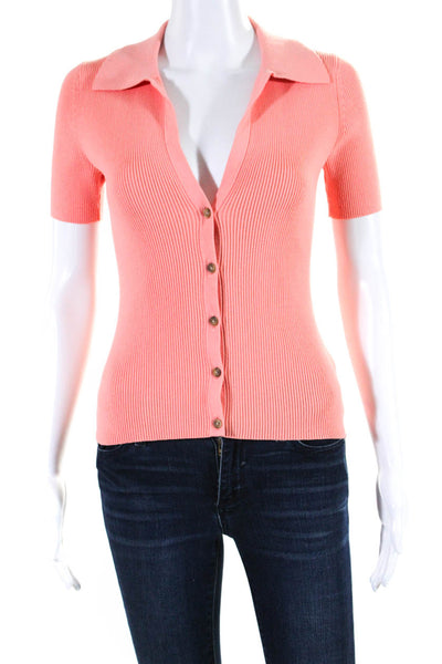 Intermix Womens Ribbed Knit Short Sleeve Button Up Sweater Blouse Pink Small