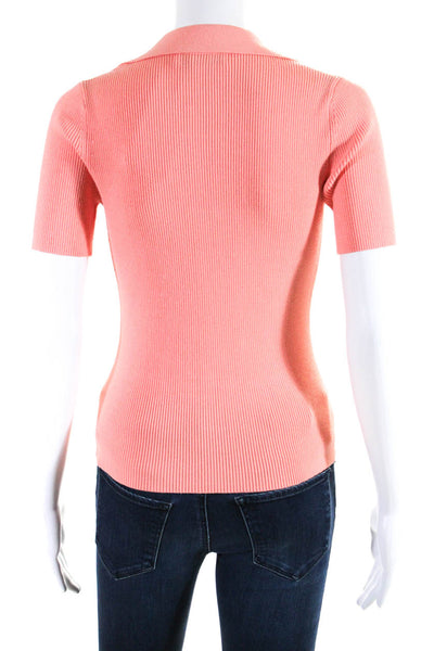 Intermix Womens Ribbed Knit Short Sleeve Button Up Sweater Blouse Pink Small