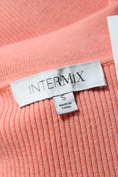 Intermix Womens Ribbed Knit Short Sleeve Button Up Sweater Blouse Pink Small