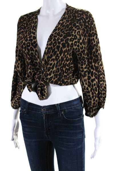 Faithfull The Brand Womens 3/4 Sleeve Tie Front Leopard Crop Top Brown Size 4