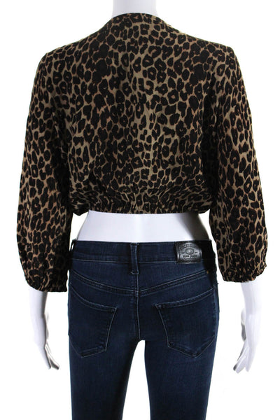 Faithfull The Brand Womens 3/4 Sleeve Tie Front Leopard Crop Top Brown Size 4