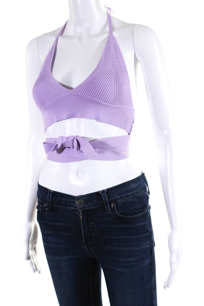 Nonchalant Label Womens Rib Knit Wrap V Neck Crop Top Blouse Lavender Size XS
