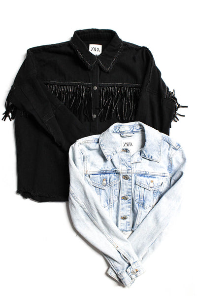 Zara Womens Cotton Denim Frayed Hem Jean Jackets Blue Black Size XS S Lot 2