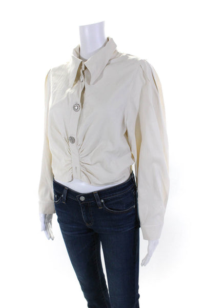 Ba&Sh Womens Jeweled Button Down Cropped Long Sleeves Blouse White Size Large