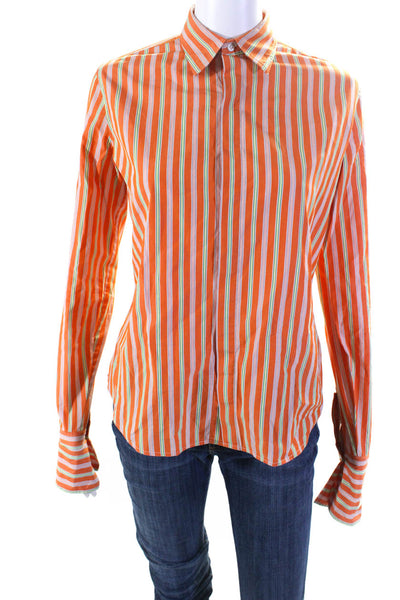 Ralph Lauren Black Label Womens Cotton Striped Print Button Up Top Orange Size 4