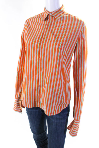 Ralph Lauren Black Label Womens Cotton Striped Print Button Up Top Orange Size 4