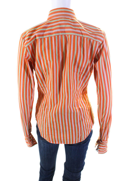 Ralph Lauren Black Label Womens Cotton Striped Print Button Up Top Orange Size 4