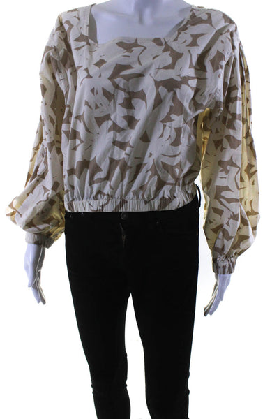 Closed Womens Cotton Floral Print Square Neck Long Sleeve Blouse Top Tan Size S