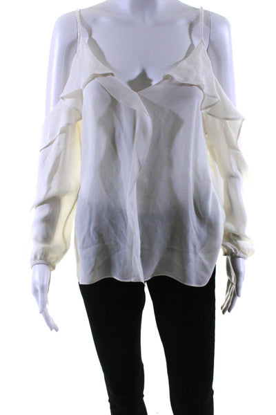 Kobi Halperin Womens Silk V Neck Ruffled Cold Shoulder Blouse White Size Medium