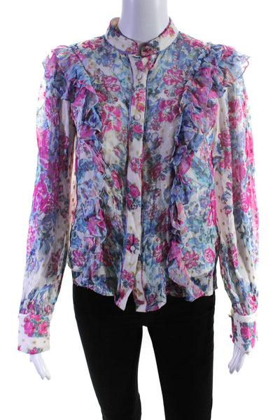 Hemant & Nandita Womens Pink Blue Floral Ruffle Long Sleeve Blouse Top Size XS