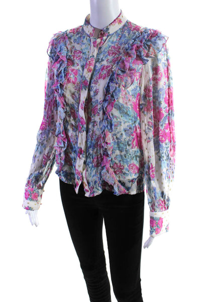 Hemant & Nandita Womens Pink Blue Floral Ruffle Long Sleeve Blouse Top Size XS