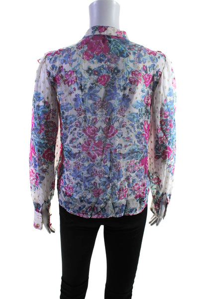 Hemant & Nandita Womens Pink Blue Floral Ruffle Long Sleeve Blouse Top Size XS