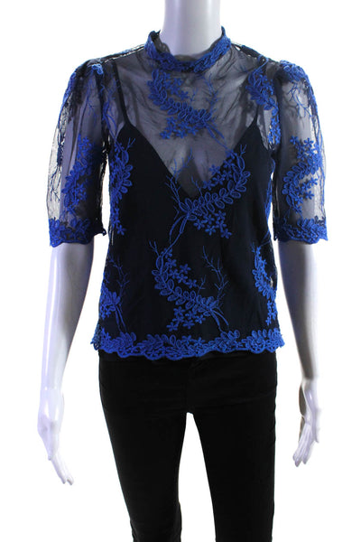 Alice McCall Womens Blue Floral Lace Crew Neck Short Sleeve Blouse Top Size 4