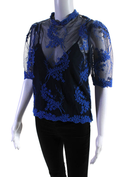 Alice McCall Womens Blue Floral Lace Crew Neck Short Sleeve Blouse Top Size 4