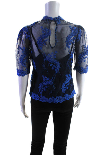 Alice McCall Womens Blue Floral Lace Crew Neck Short Sleeve Blouse Top Size 4