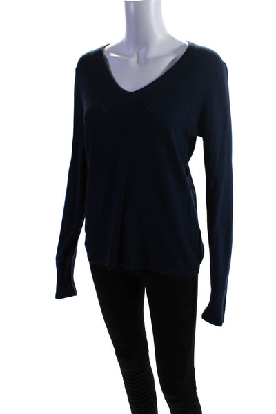 Faconnable Womens Thin Knit V Neck Pullover Sweater Navy Blue Silk Size Medium