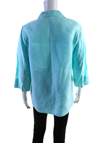 Real Clothes Womens Woven 3/4 Sleeve Button Up Shirt Blouse Blue Linen Size 4